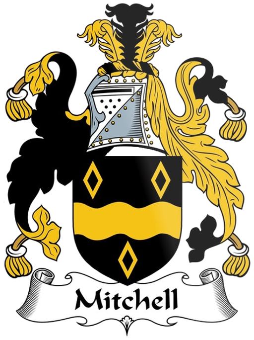 The Mitchell coat of arms: a black shield with a gold wavy band and three gold diamonds, beneath a knight's helmet and gold and black mantling, above a scroll reading Mitchell.
